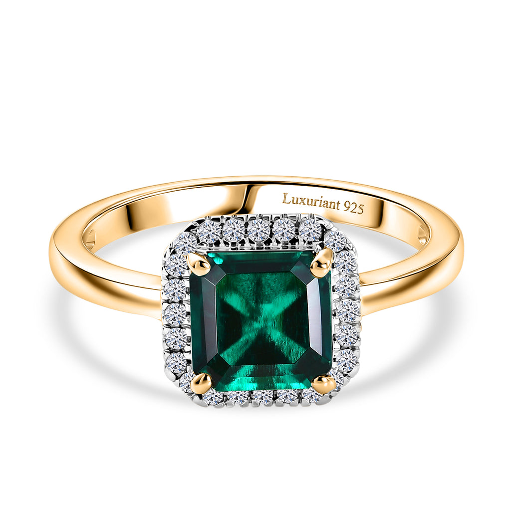 Luxuriant - Lab Grown Emerald & Lab Grown Diamond (SI/G-H) Halo Ring in 18K Vermeil Yellow Gold Plated Sterling Silver 1.60 Ct._8583982