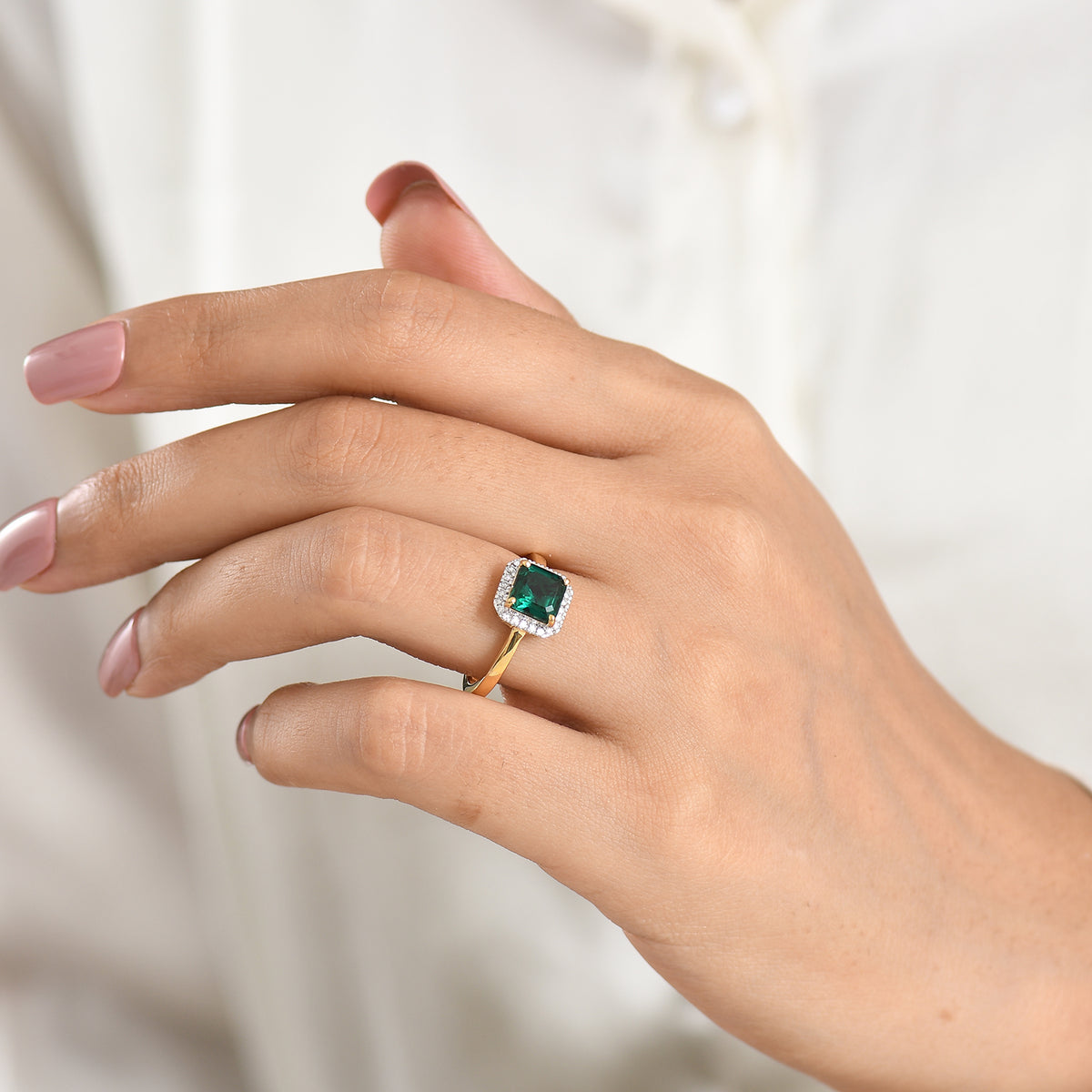 Luxuriant - Lab Grown Emerald &amp; Lab Grown Diamond (SI/G-H) Halo Ring in 18K Vermeil Yellow Gold Plated Sterling Silver 1.60 Ct. V32525660 2