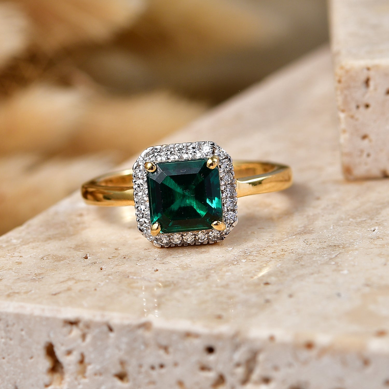 Luxuriant - Lab Grown Emerald &amp; Lab Grown Diamond (SI/G-H) Halo Ring in 18K Vermeil Yellow Gold Plated Sterling Silver 1.60 Ct. V32525660 3