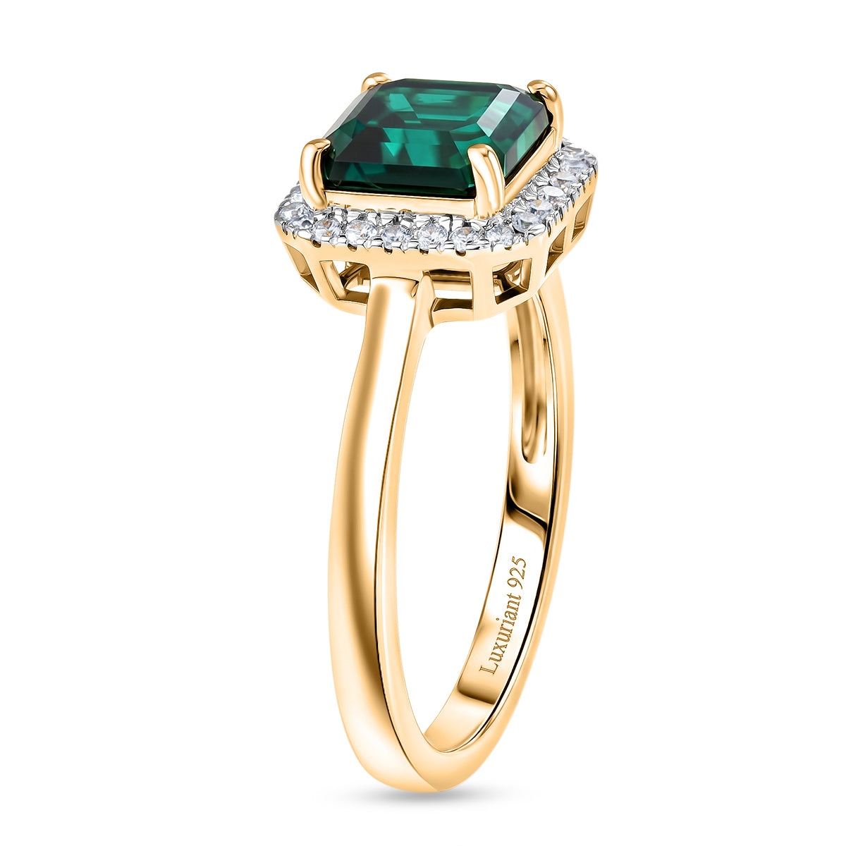 Luxuriant - Lab Grown Emerald &amp; Lab Grown Diamond (SI/G-H) Halo Ring in 18K Vermeil Yellow Gold Plated Sterling Silver 1.60 Ct. V32525660 4