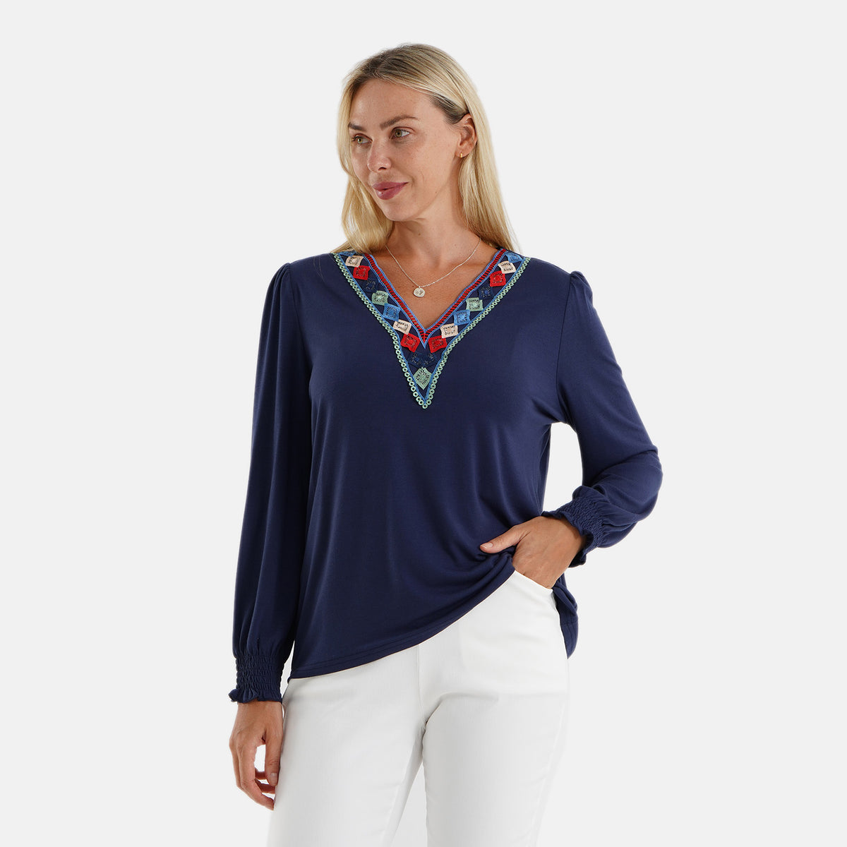 La Marey Multicolour Embroidered V-Neck Long Sleeve Top (Size XL, 20-22) - Navy Blue 8584169 4