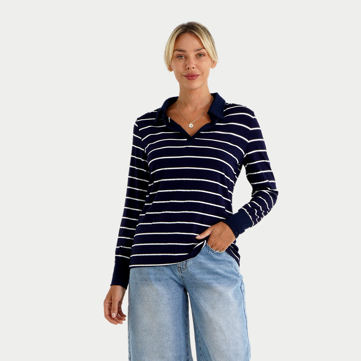 La Marey Striped Long Sleeve Polo T-Shirt (Size XL, 20-22) - Navy Blue &amp; White 8584443 0