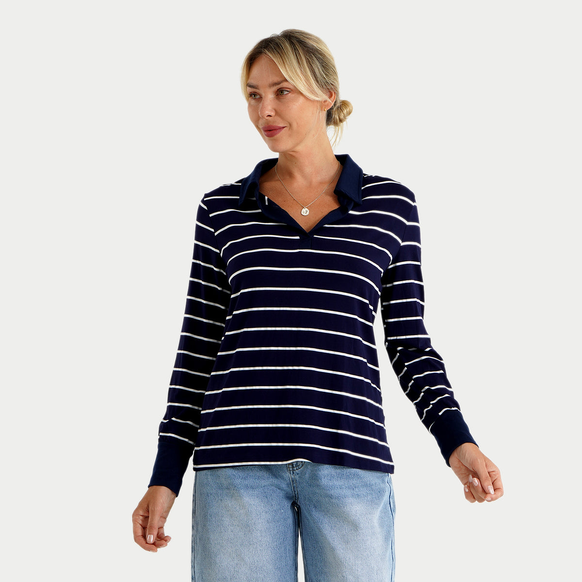 La Marey Striped Long Sleeve Polo T-Shirt (Size XL, 20-22) - Navy Blue &amp; White 8584443 4