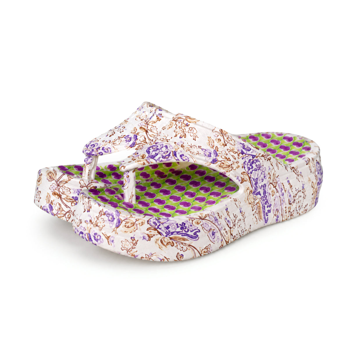Closeout Ladies Multi-Colour Butterfly Print Platform Flip Flops (Size 4) - White, Green &amp; Purple 8584627 0