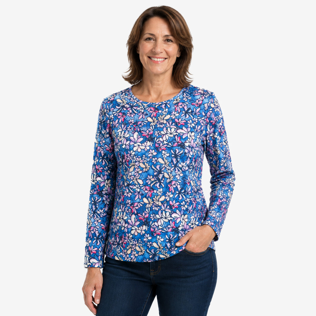 Pure And Natural Long Sleeve Round Neck Printed Top (Size XL, 20 to 22) - Blue_8584942