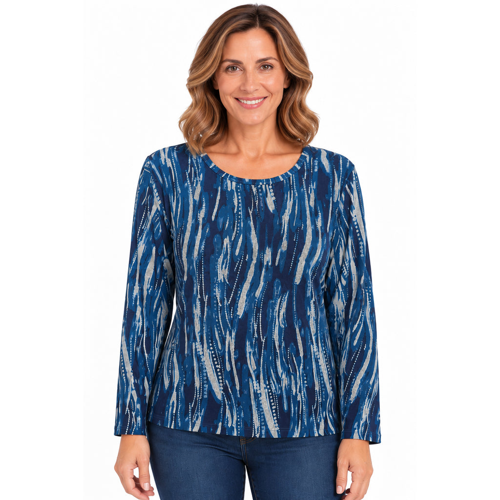 Pure and Natural Long Sleeve Round Neck Printed Top (Size M, 12-14) - Blue_8584956