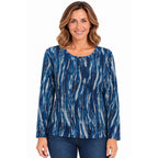 Pure and Natural Long Sleeve Round Neck Printed Top (Size M, 12-14) - Blue_8584956