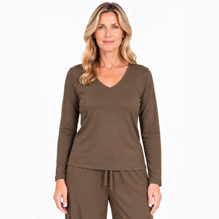 Pure and Natural V-neck Long Sleeve Top (Size S, 8-10) - Khaki 8585657 1