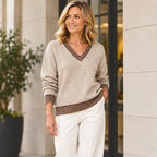 Pure and Natural Contrast Ribbed Neck Jumper (Size L, 16-18) - Oatmeal_8585742