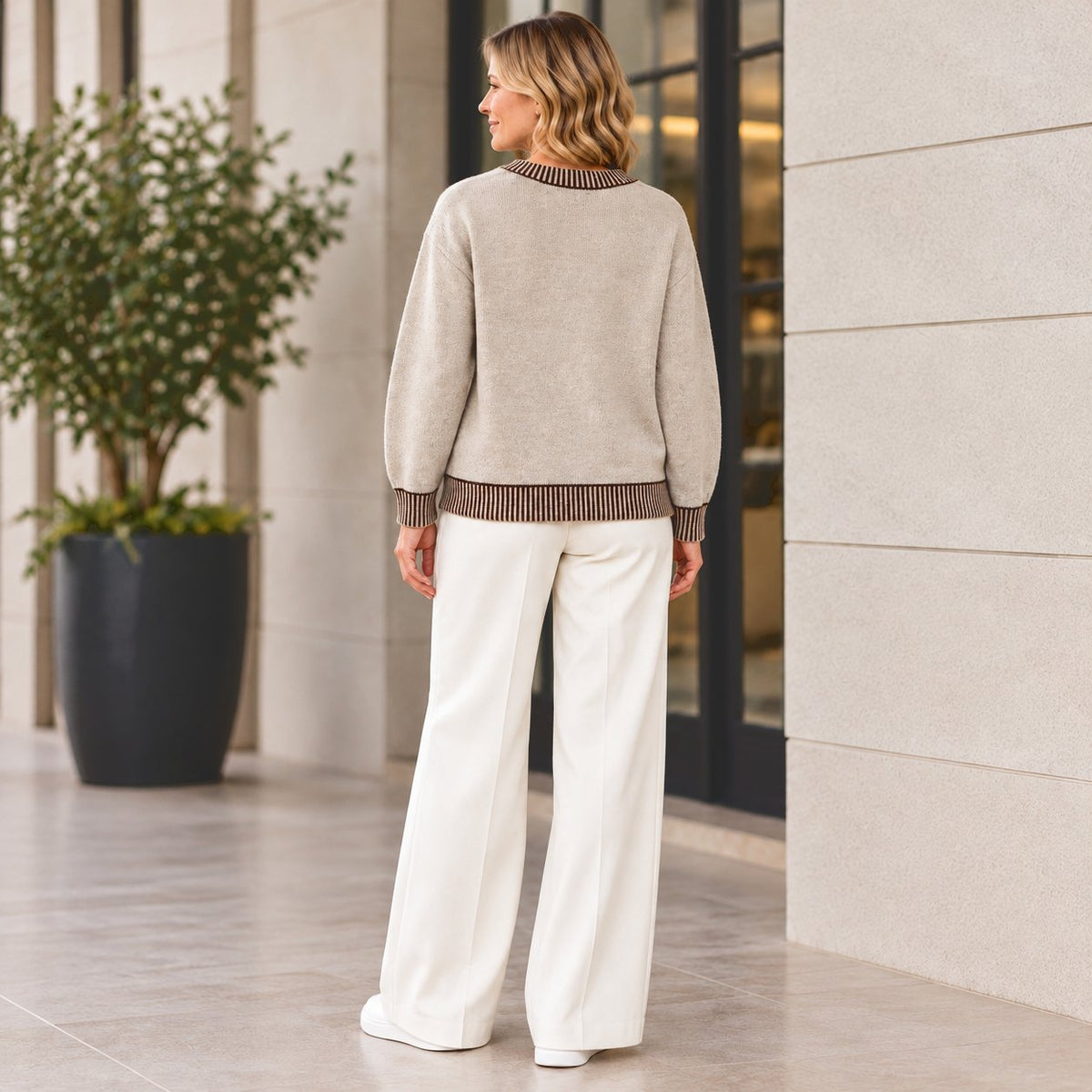Pure and Natural Contrast Ribbed Neck Jumper (Size L, 16-18) - Oatmeal 8585742 1