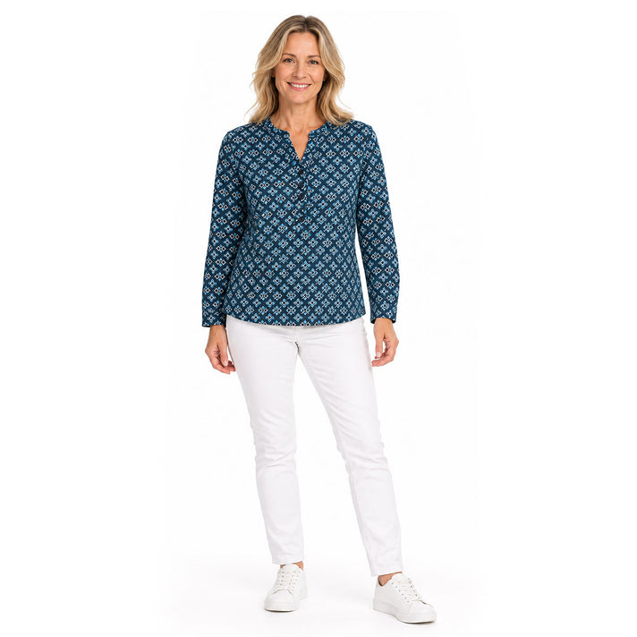 Pure And Natural Ladies Nehru Collar 3-Button Placket Pleated Top (Size S, 8-10) - Navy 8585784 1