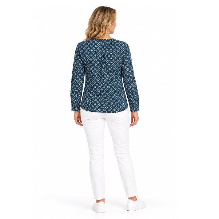 Pure And Natural Ladies Nehru Collar 3-Button Placket Pleated Top (Size S, 8-10) - Navy 8585784 2