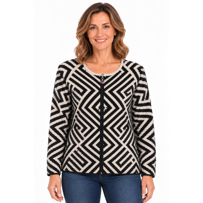 Pure and Natural Ladies Long Sleeve Zip Through Round Neck Chevron Knit Cardigan With Contrast Welt (Size L, 16-18) - Black 8585813 1