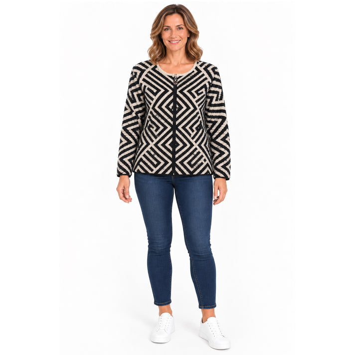 Pure and Natural Ladies Long Sleeve Zip Through Round Neck Chevron Knit Cardigan With Contrast Welt (Size L, 16-18) - Black 8585813 2