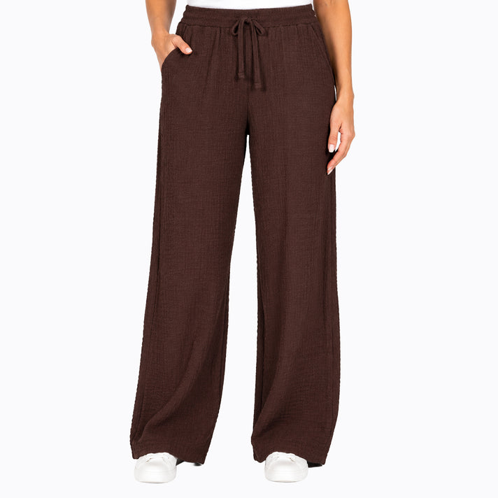 Pure And Natural Womens Elastic Waist Wide Leg Textured Jersey Trousers with Mock Tie (Size L, 16-18) - Chocolate 8586246 1