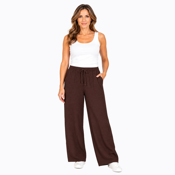 Pure And Natural Womens Elastic Waist Wide Leg Textured Jersey Trousers with Mock Tie (Size L, 16-18) - Chocolate 8586246 2