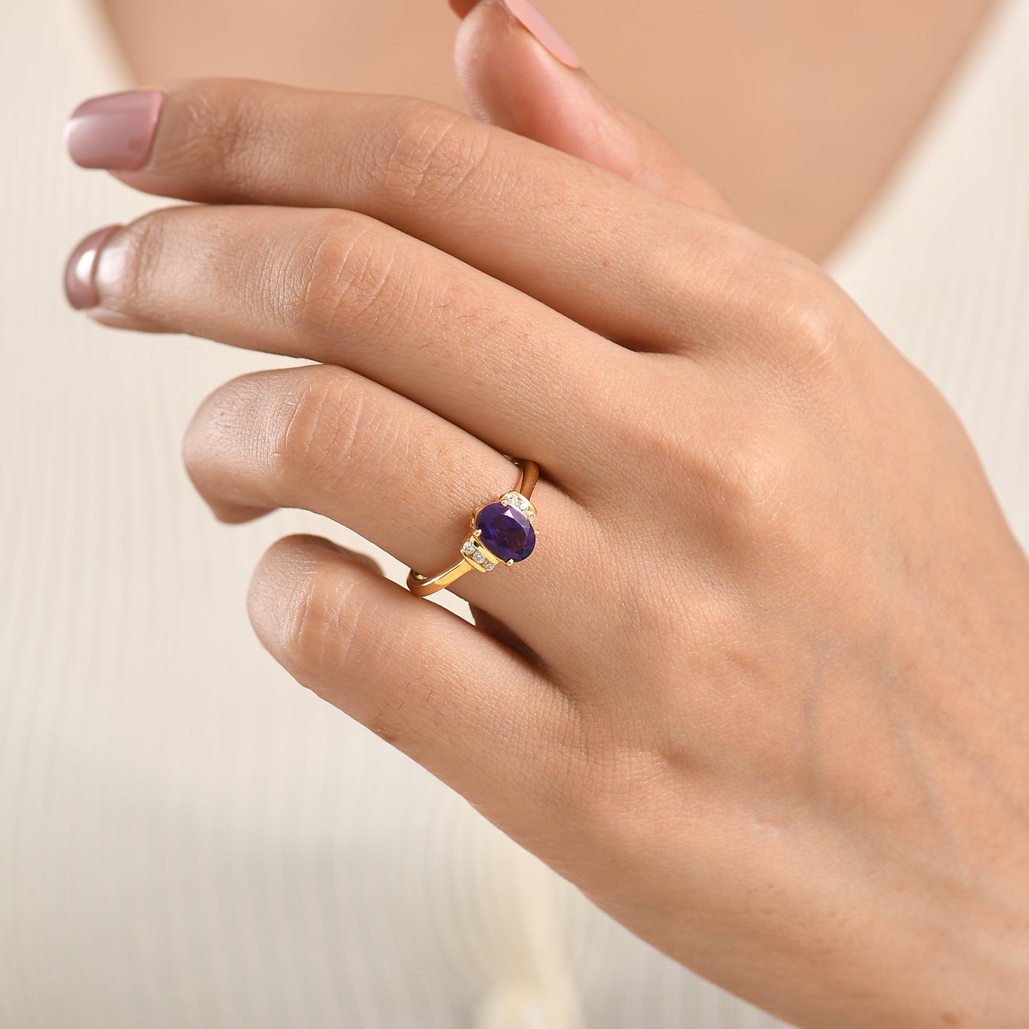 D'Joy - AAA Zambian Amethyst &amp; White Zircon Ring in Yellow Gold Plated Sterling Silver 1.18 Ct. V32513307 2