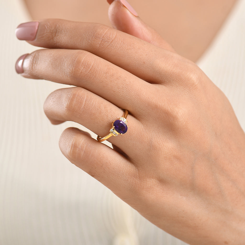 D'Joy - AAA Zambian Amethyst & White Zircon Ring in Yellow Gold Plated Sterling Silver 1.18 Ct._8586983_1
