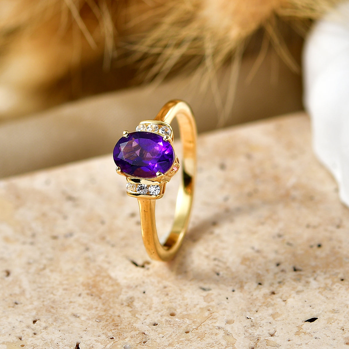 D'Joy - AAA Zambian Amethyst &amp; White Zircon Ring in Yellow Gold Plated Sterling Silver 1.18 Ct. V32513313 3