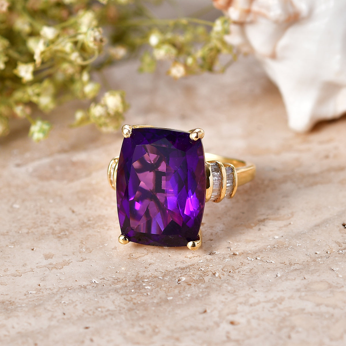 Rare Size AAA Zambian Amethyst &amp; Natural White Diamond Ring in 18K Vermeil Yellow Gold Plated Sterling Silver 10.16 Ct. V32720872 3