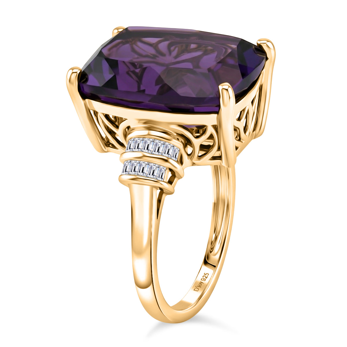Rare Size AAA Zambian Amethyst &amp; Natural White Diamond Ring in 18K Vermeil Yellow Gold Plated Sterling Silver 10.16 Ct. V32720872 4