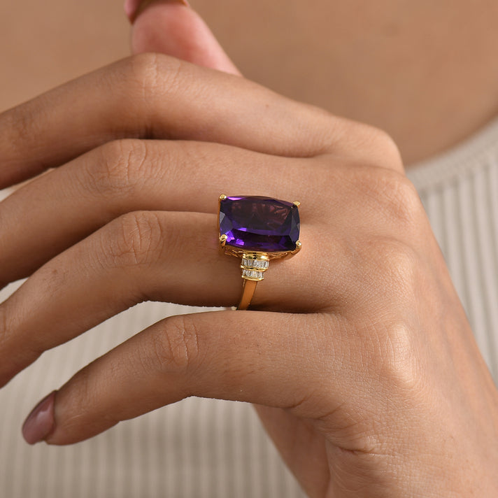 D'Joy - Zambian Amethyst &amp; Natural White Diamond Ring in 18K Vermeil Yellow Gold Plated Sterling Silver 10.16 Ct. 8586987 2