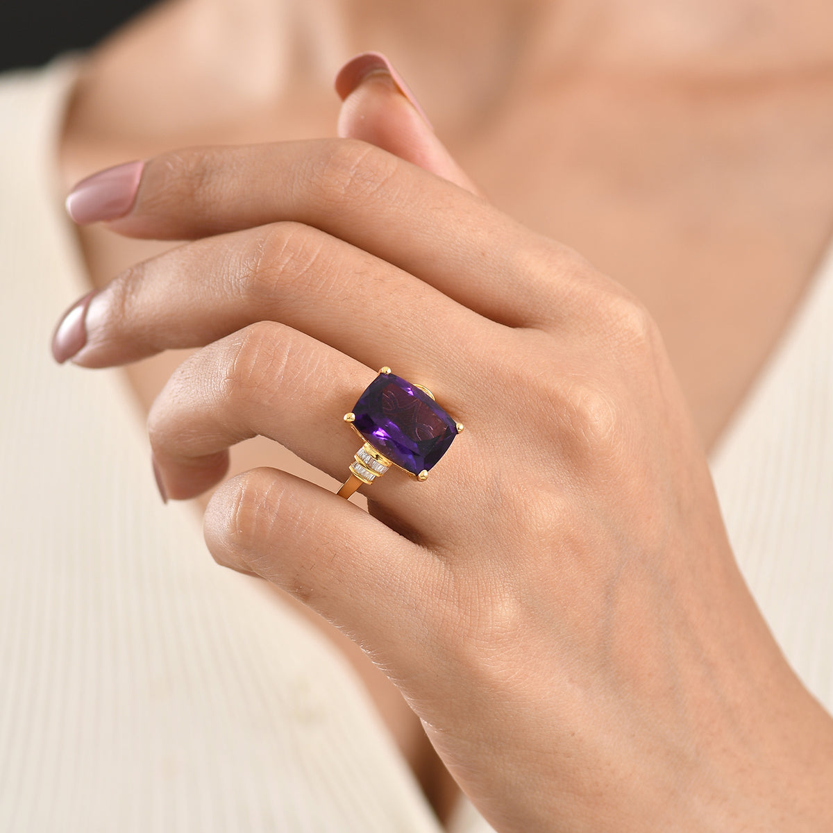 Rare Size AAA Zambian Amethyst &amp; Natural White Diamond Ring in 18K Vermeil Yellow Gold Plated Sterling Silver 10.16 Ct. V32738879 2