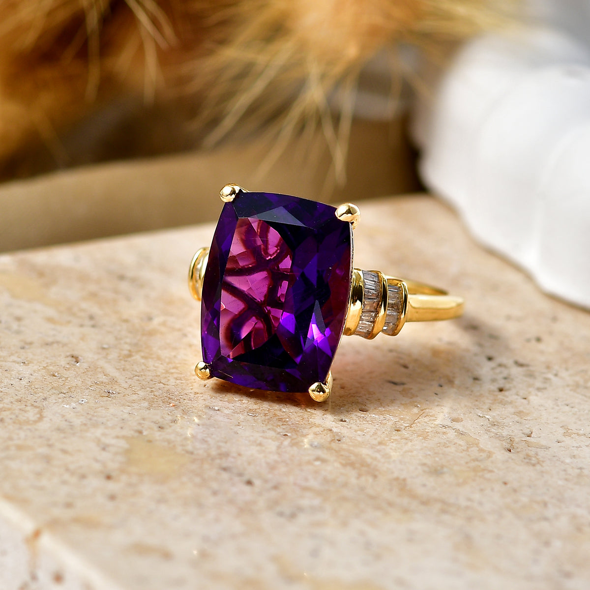 Rare Size AAA Zambian Amethyst &amp; Natural White Diamond Ring in 18K Vermeil Yellow Gold Plated Sterling Silver 10.16 Ct. V32738879 3
