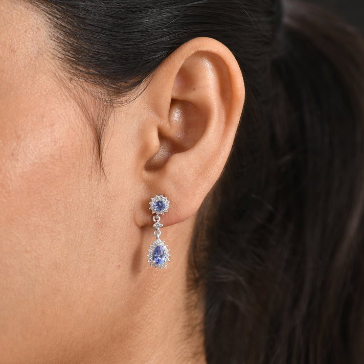 D'Joy - Tanzanite &amp; White Zircon Dangling Earring with Push Post in Rhodium Overlay Sterling Silver 1.90 Ct. 8587288 2