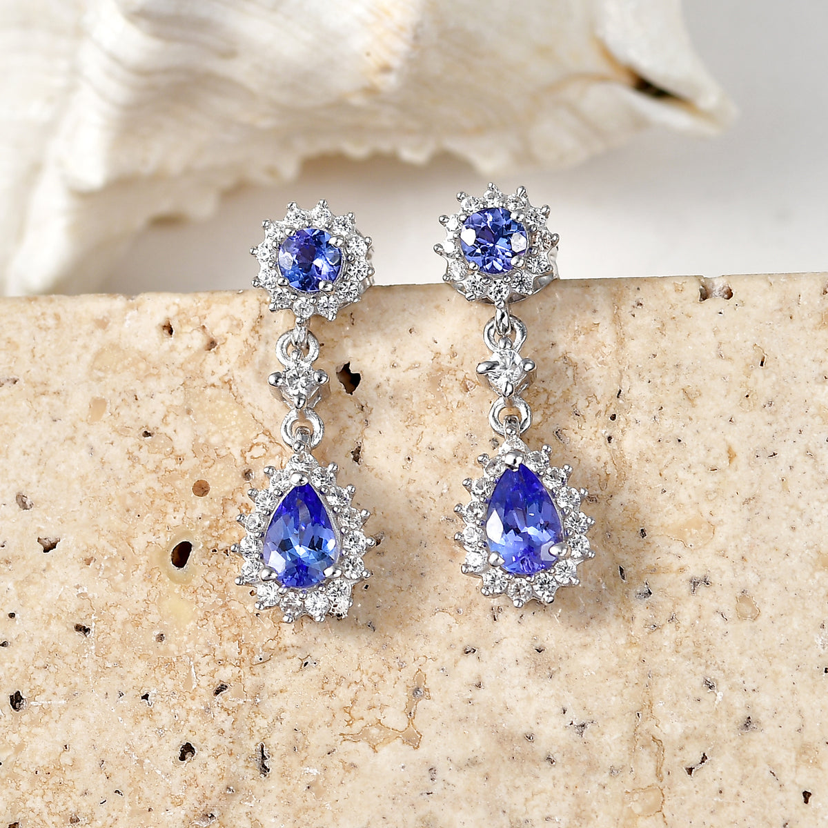 D'Joy - Tanzanite &amp; White Zircon Dangling Earring with Push Post in Rhodium Overlay Sterling Silver 1.90 Ct. 8587288 3