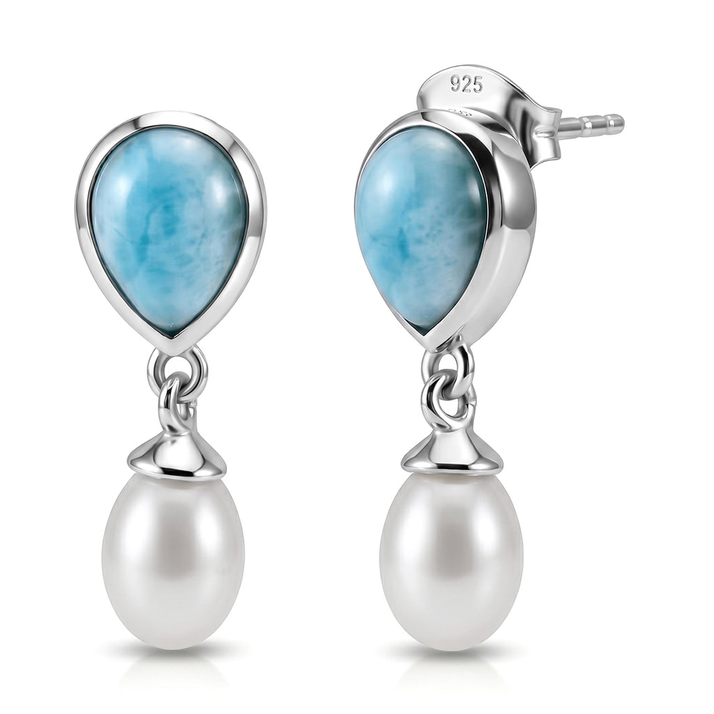D'Joy - Natural Larimar & Fresh Water Pearl Dangling Earring with Push Post in Platinum Overlay Sterling Silver 7.90 Ct._8587875