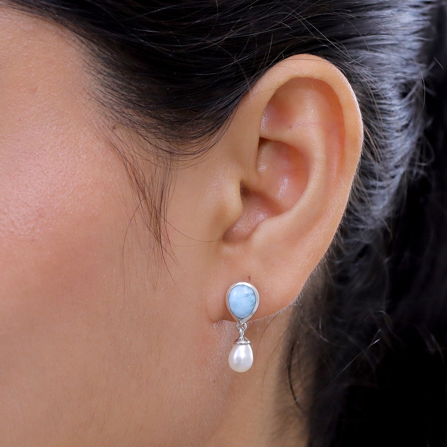 D'Joy - Natural Larimar &amp; Fresh Water Pearl Dangling Earring with Push Post in Platinum Overlay Sterling Silver 7.90 Ct. V32515610 2