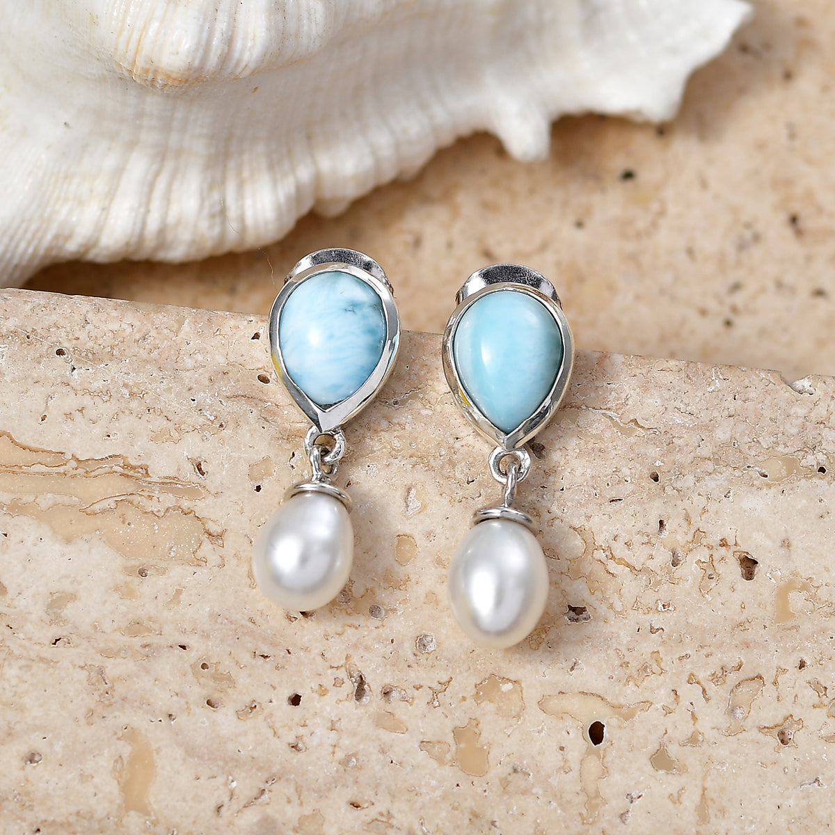 D'Joy - Natural Larimar &amp; Fresh Water Pearl Dangling Earring with Push Post in Platinum Overlay Sterling Silver 7.90 Ct. V32515610 3
