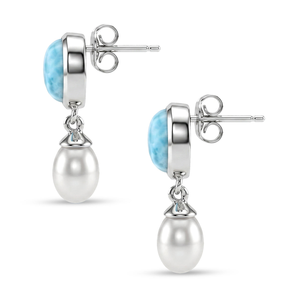 D'Joy - Natural Larimar &amp; Fresh Water Pearl Dangling Earring with Push Post in Platinum Overlay Sterling Silver 7.90 Ct. V32515610 4
