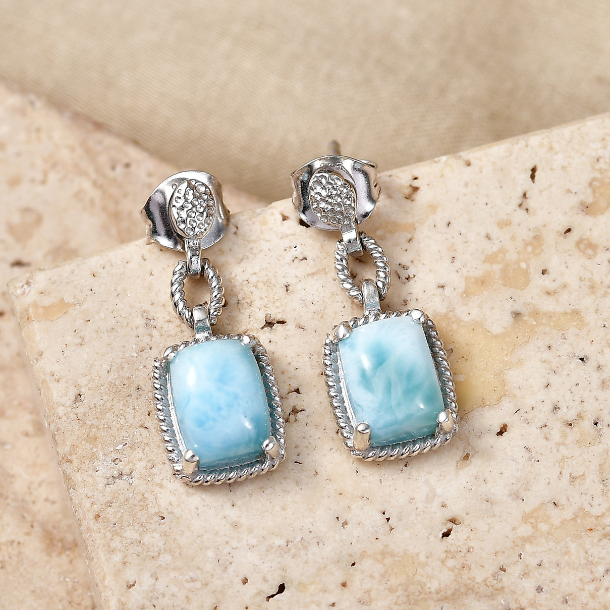 D'Joy - Natural Larimar Dangling Earring with Push Post in Platinum Overlay Sterling Silver 3.94 Ct. 8587876 3