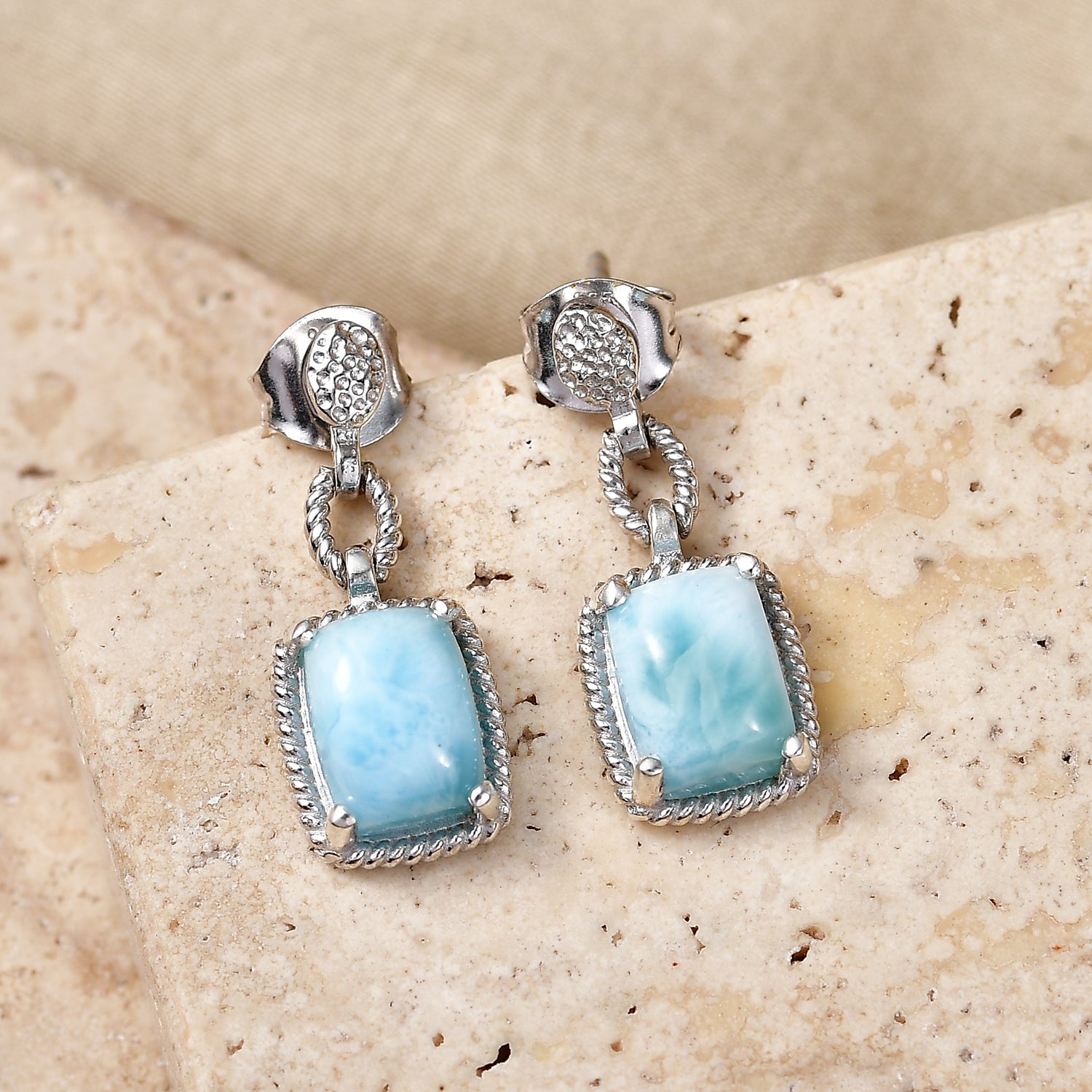 D'Joy - Natural Larimar Dangling Earring with Push Post in Platinum Overlay Sterling Silver 3.94 Ct. 8587876 3