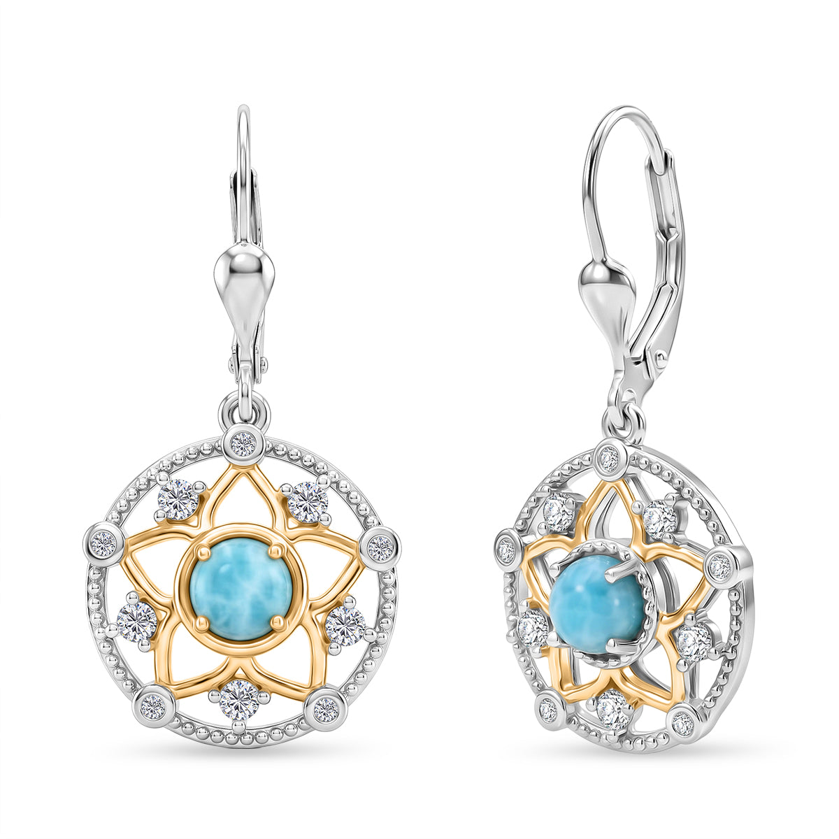 D'Joy - Natural Larimar &amp; White Zircon Floral Drop Earring with Lever Back in Platinum Overlay &amp; Yellow Gold Plated Sterling Silver 2.00 Ct. V32520156 0