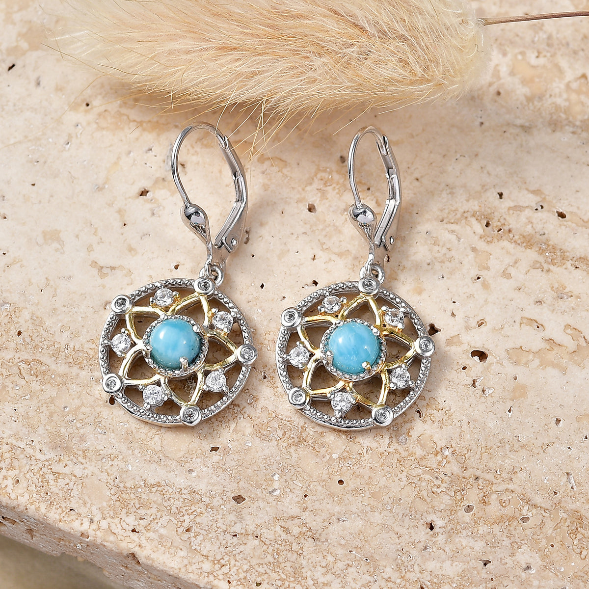 D'Joy - Natural Larimar &amp; White Zircon Floral Drop Earring with Lever Back in Platinum Overlay &amp; Yellow Gold Plated Sterling Silver 2.00 Ct. V32520156 3