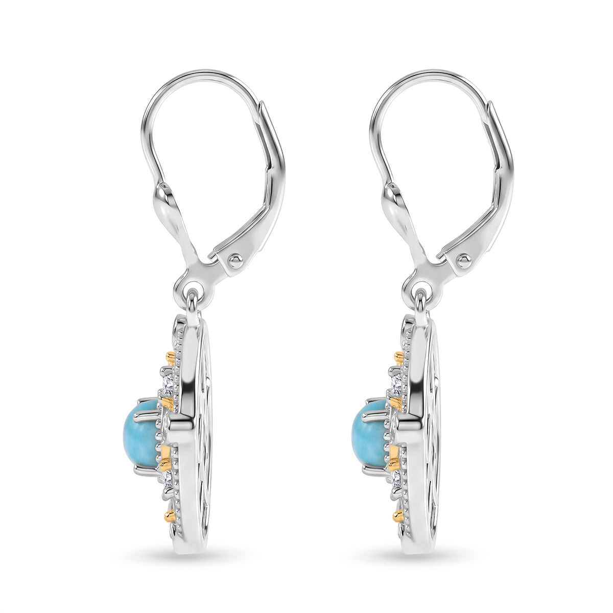 D'Joy - Natural Larimar &amp; White Zircon Floral Drop Earring with Lever Back in Platinum Overlay &amp; Yellow Gold Plated Sterling Silver 2.00 Ct. V32520156 4