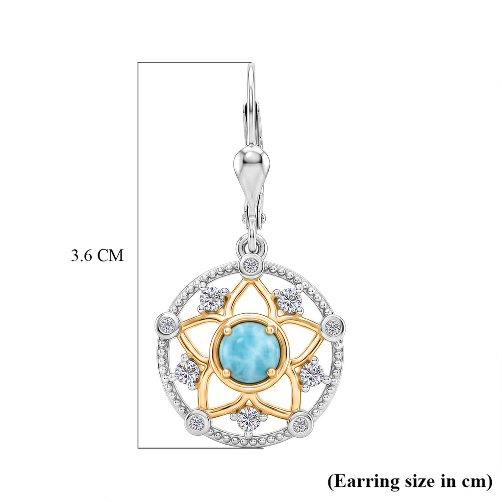 D'Joy - Natural Larimar & White Zircon Floral Drop Earring with Lever Back in Platinum Overlay & Yellow Gold Plated Sterling Silver 2.00 Ct._8587877_5