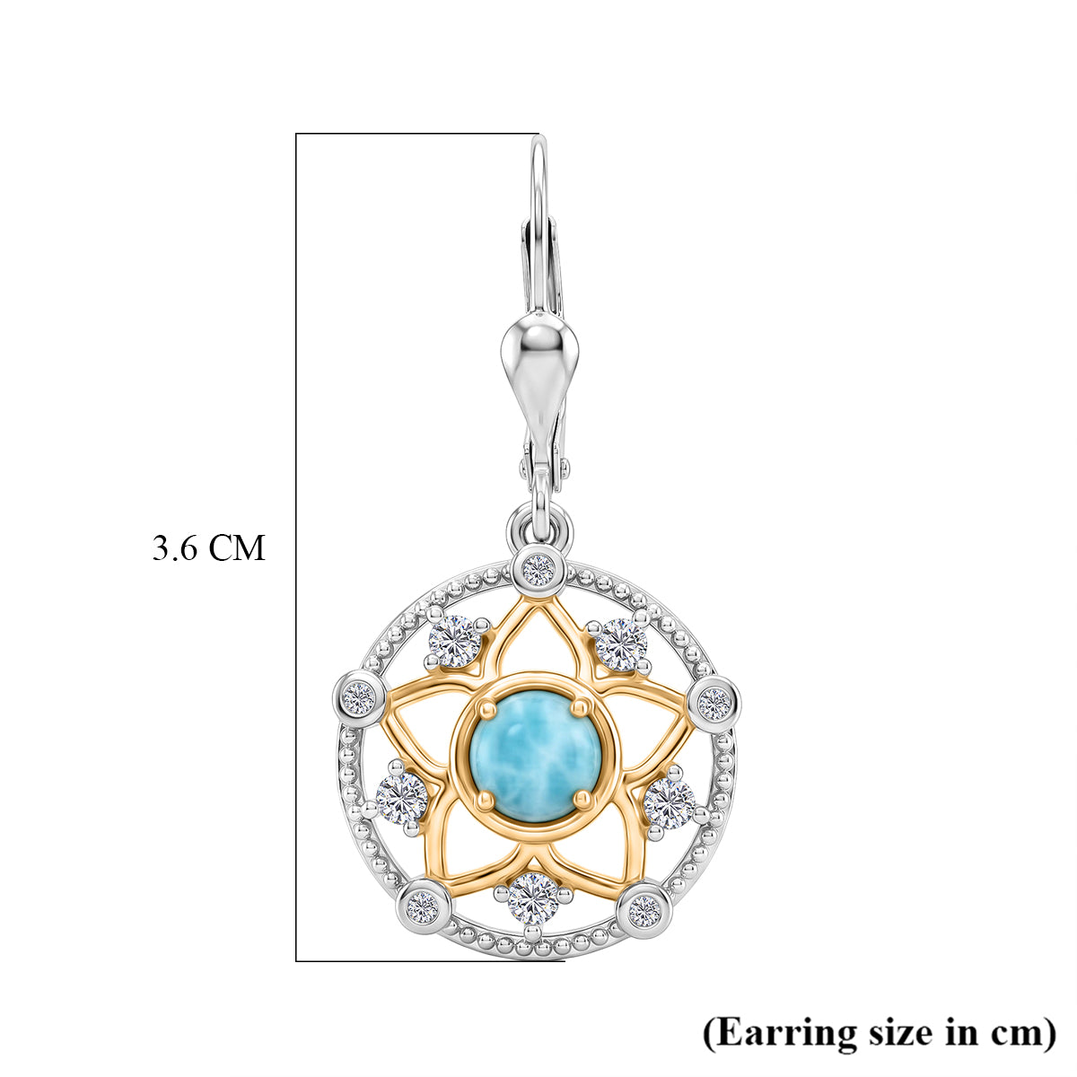 D'Joy - Natural Larimar &amp; White Zircon Floral Drop Earring with Lever Back in Platinum Overlay &amp; Yellow Gold Plated Sterling Silver 2.00 Ct. V32520156 6