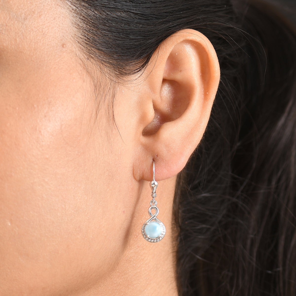 D'Joy - Natural Larimar Solitaire Lever Back Earring in Platinum Overlay Sterling Silver 2.21 Ct. V32514364 2