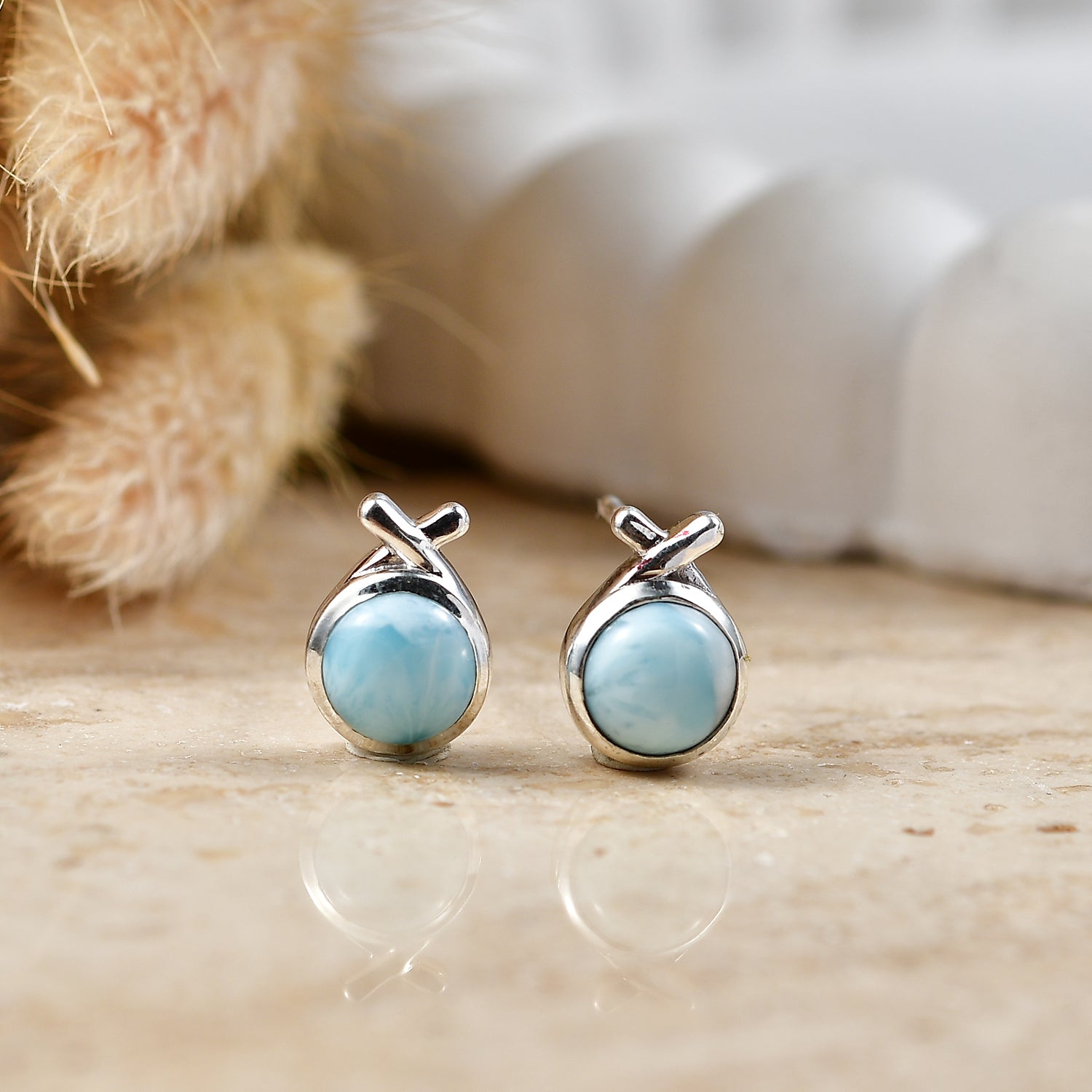 D'Joy - Natural Larimar Solitaire Stud Push Post Earring in Platinum Overlay Sterling Silver 2.20 Ct. 8587891 3