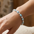 D'Joy - Natural Larimar & Fresh Water Pearl Tennis Bracelet (Size - 7) with GB Lock Box in Rhodium Overlay Sterling Silver 19.65 Ct, Silver Wt.10.40 Gms_8587912_1