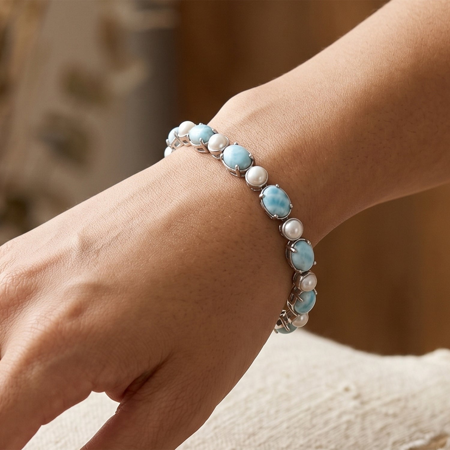 D'Joy - Natural Larimar &amp; Fresh Water Pearl Tennis Bracelet (Size - 7) with GB Lock Box in Rhodium Overlay Sterling Silver 19.65 Ct, Silver Wt.10.40 Gms 8587912 1