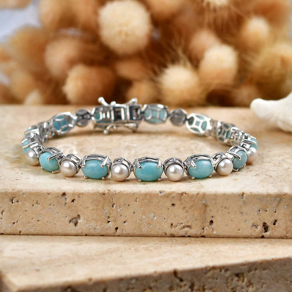 D'Joy - Natural Larimar & Fresh Water Pearl Tennis Bracelet (Size - 7) with GB Lock Box in Rhodium Overlay Sterling Silver 19.65 Ct, Silver Wt.10.40 Gms_8587912_2