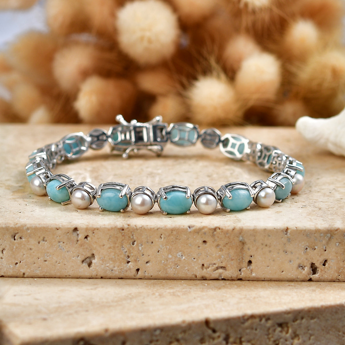 D'Joy - Natural Larimar &amp; Fresh Water Pearl Tennis Bracelet (Size - 7) with GB Lock Box in Rhodium Overlay Sterling Silver 19.65 Ct, Silver Wt.10.40 Gms 8587912 2
