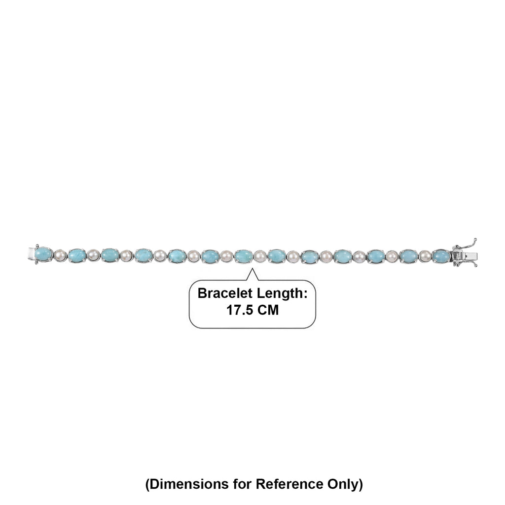 D'Joy - Natural Larimar & Fresh Water Pearl Tennis Bracelet (Size - 7) with GB Lock Box in Rhodium Overlay Sterling Silver 19.65 Ct, Silver Wt.10.40 Gms_8587912_4