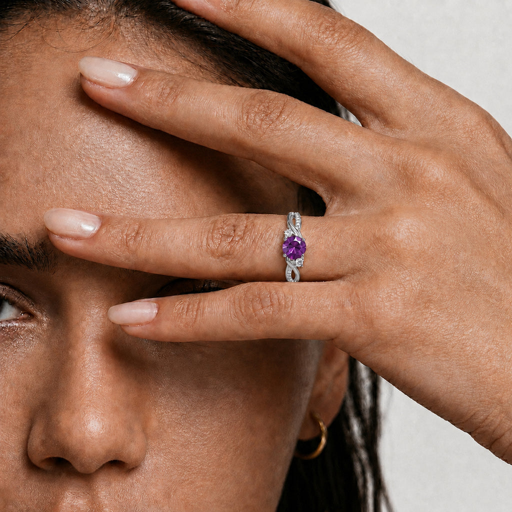 D'Joy - African Amethyst & Moissanite Ring in Rhodium Overlay Sterling Silver_8587973_1