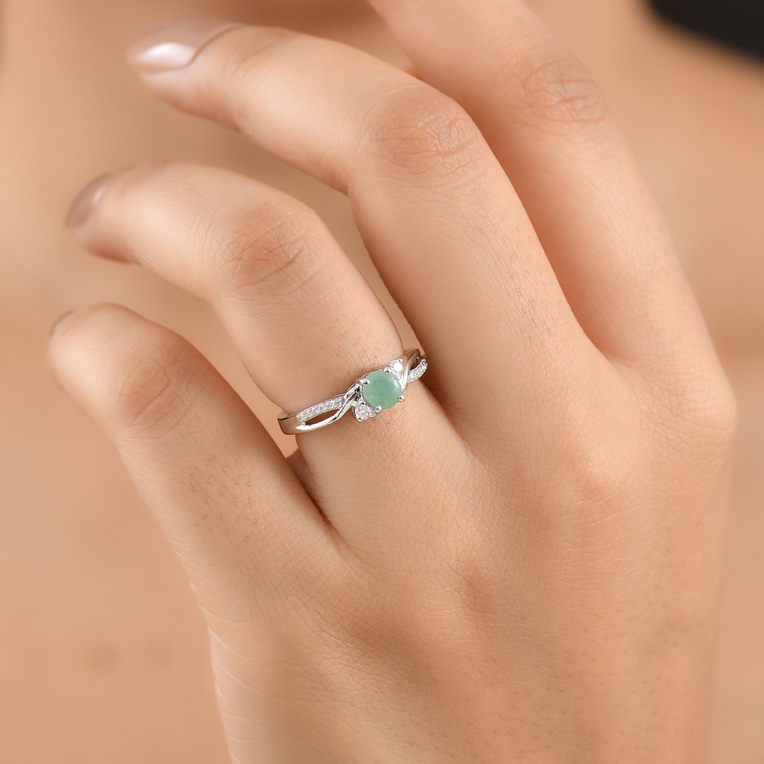 D'Joy - Socoto Emerald &amp; Moissanite Ring in Rhodium Overlay Sterling Silver 8588043 1